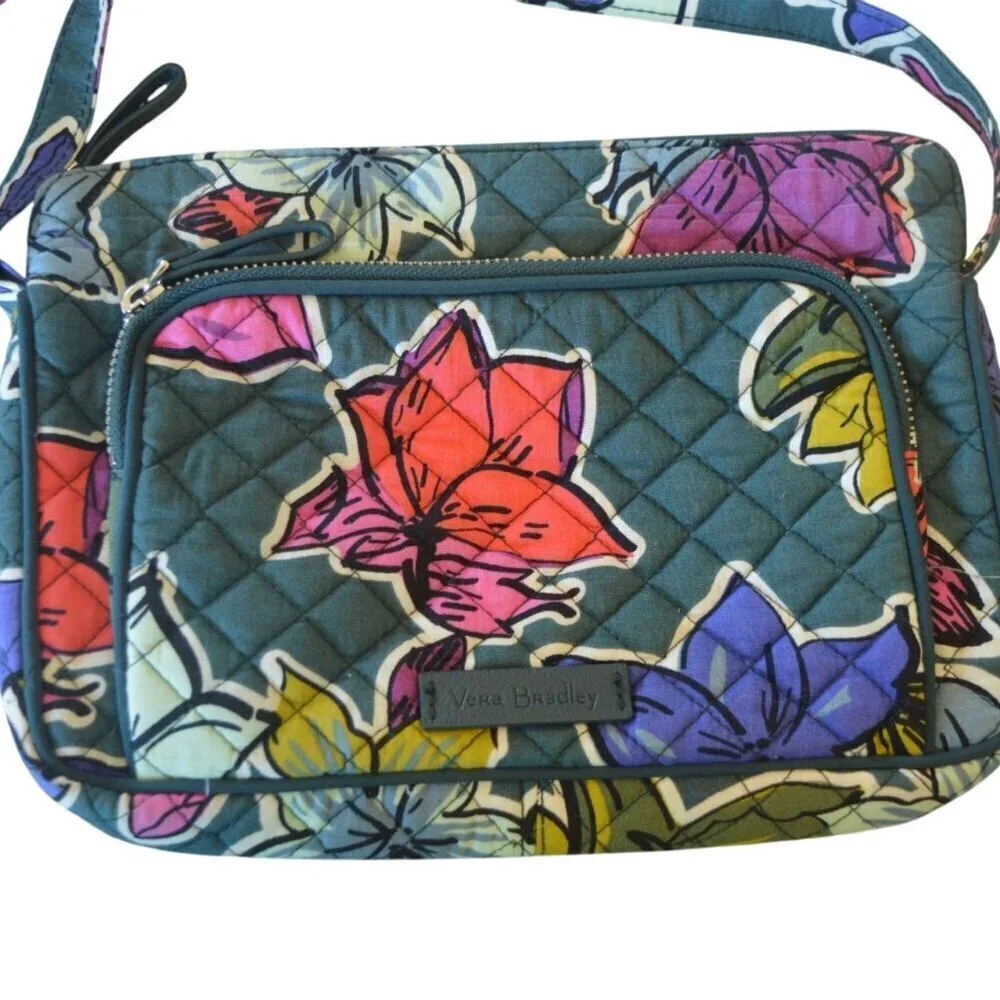 Vera Bradley 2017 Falling Flowers Quilted Crossbody Satchel Bag Teal Pink Green
